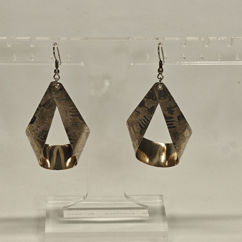 Silver Tone Embossed Abstract Face Twist Dangle Earrings Large Boho Statement